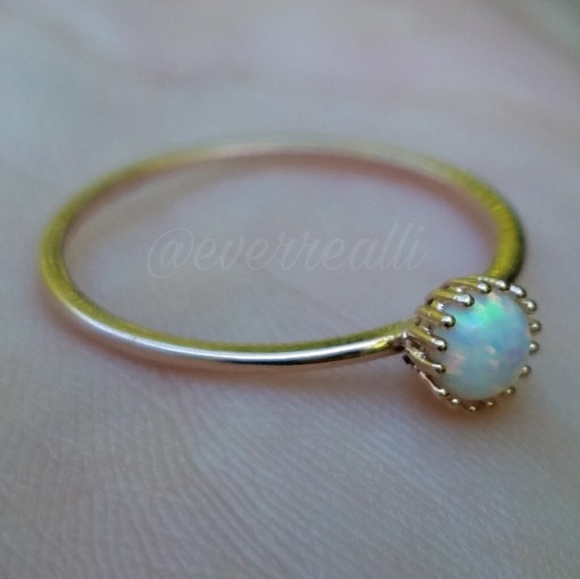 Delicate Rose Gold Band Tiny Round Fire Opal Ring - Picture 4 of 5